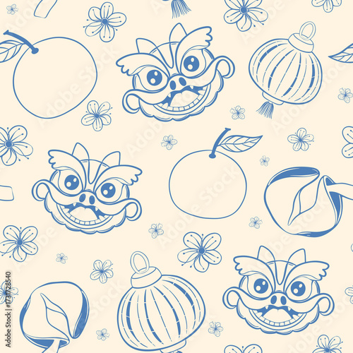 Seamless pattern with Traditional Chinese dragon, lanterns, oranges, fortune cookies, and blossoms. Lunar New Year print, Festive background, Perfect for wrapping, packaging, stationery, fabrics.