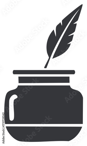 Classic dark inkwell with a quill pen poised for writing