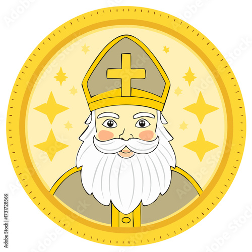Illustration of Saint Nicholas portrait inside a golden circle with stars for seasonal greetings, holidays, winter, Christmas