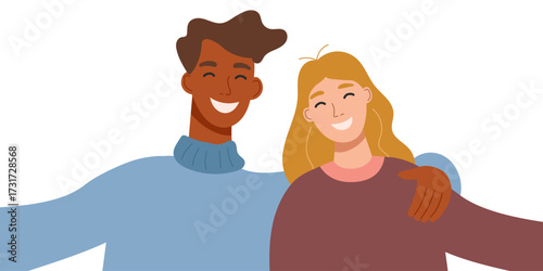 Concept of selfie on a camera. Taking a photo. Young couple holding smartphone and taking a photo of yourself. Vector hand drawn clipart isolated on white.