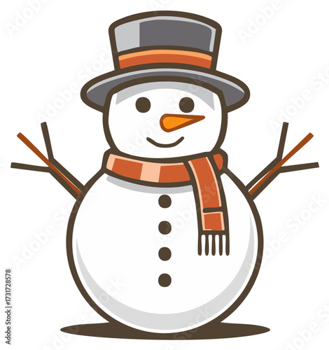 Happy Cartoon Snowman with Hat and Scarf Spreading Winter Holiday Cheer Illustration, Friendly Character with Stick Arms