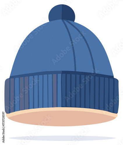 Blue knitted winter hat with pom pom, vector illustration for cold weather