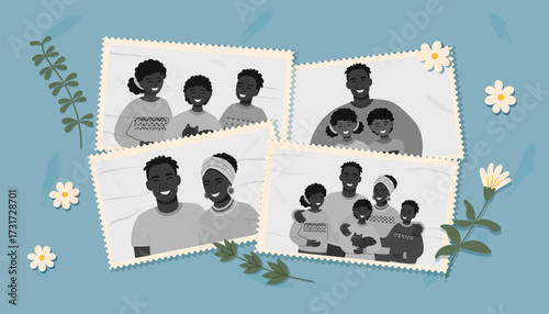 Set of old family photos. Family, generations and memories concepts. Black skin tone family. Black and wite colors. Vector background in flat style.