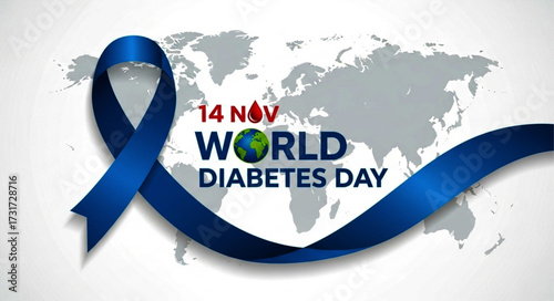 World Diabetes Day: Blue Ribbon, Globe, and Blood Drop on World Map