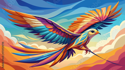 Capture the elegance of a kite bird drifting effortlessly in the sky, blending impressionist hues with realism, wings shimmering with color, freedom, movement, grace, harmony, beauty, and artistry.