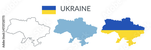 Ukraine country geographical borders isolated on white background. Ukrainian flag. Vector flat cliparts.	
