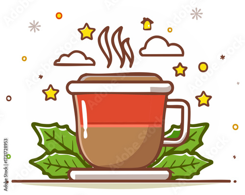 Festive coffee cup with steam and seasonal decorations