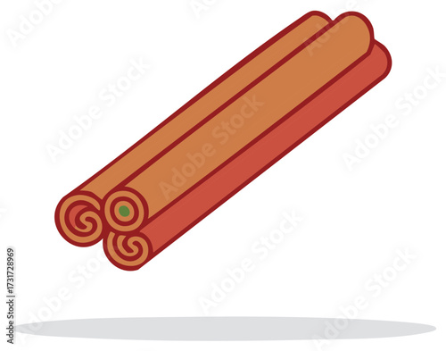 Three rolled cinnamon sticks with red outer casing and orange inner spirals