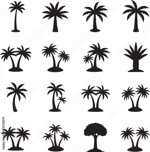 Silhouette Collection of Palm Trees: A diverse array of silhouettes of iconic palm trees, showcasing their distinctive shapes and natural elegance, evoking the essence of tropical landscapes. 