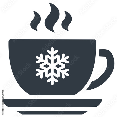 Steaming cup of hot beverage with snowflake emblem on saucer winter icon