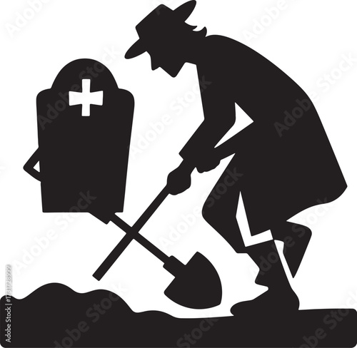 Spooky Digger Silhouettes: Black White Halloween Grave Yard Icon and t-shirt Design.