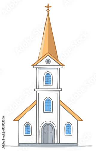 Classic cartoon white church with steeple and cross spiritual religious building vector illustration