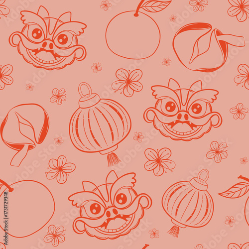 Seamless pattern with Traditional Chinese dragon, lanterns, oranges, fortune cookies, and blossoms. Lunar New Year print, Festive background, Perfect for wrapping, packaging, stationery, fabrics.