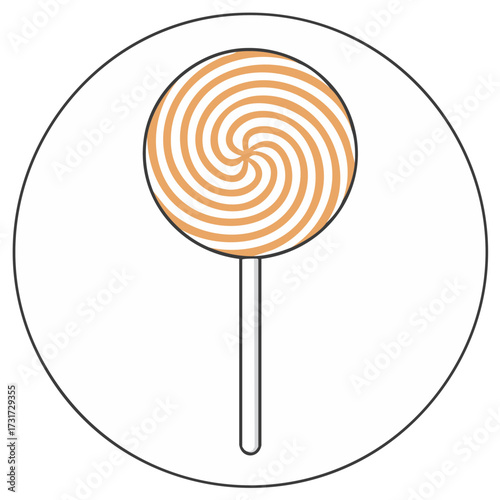 Simple vector icon of a classic orange and white swirl lollipop candy on a stick in a circle
