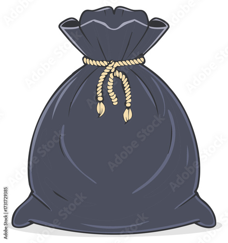 Large black sack or garbage bag tied securely with a rope, cartoon vector graphic