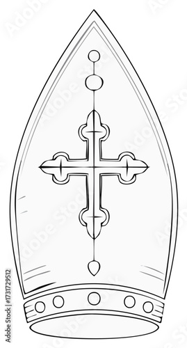 Christian bishop mitre hat with a holy cross line art illustration