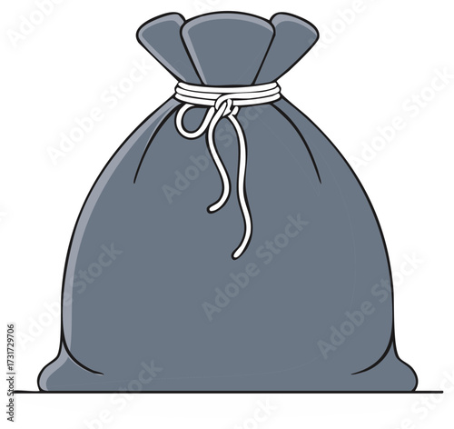 Large gray cloth sack tied shut with a white rope, vector cartoon illustration