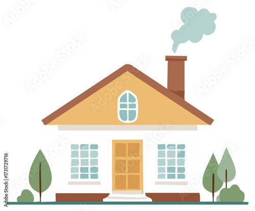 Illustration of a cozy house with smoke coming from the chimney and trees