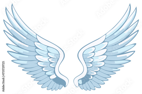 Elegant stylized illustration of angel wings in soft shades of blue and white, isolated.