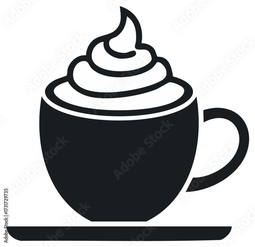 Coffee cup with whipped cream and saucer in black and white