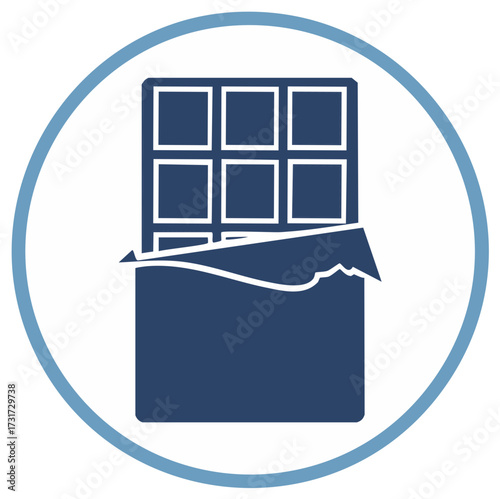 Dark blue chocolate bar icon inside a circular outline on white background