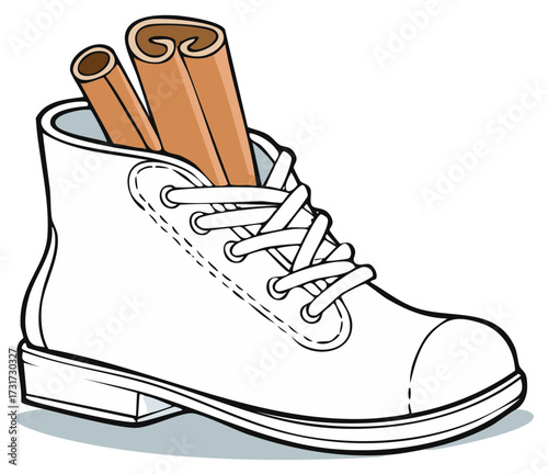 Cartoon boot filled with cinnamon sticks: Sweet spice in shoe illustration