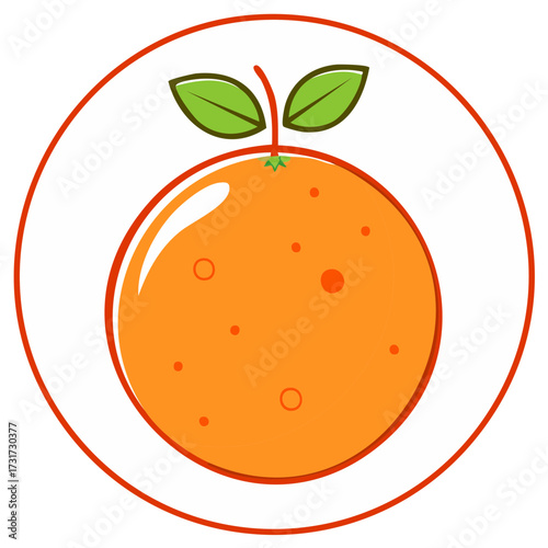 Stylized orange fruit with leaves inside a red circular outline, graphic illustration.