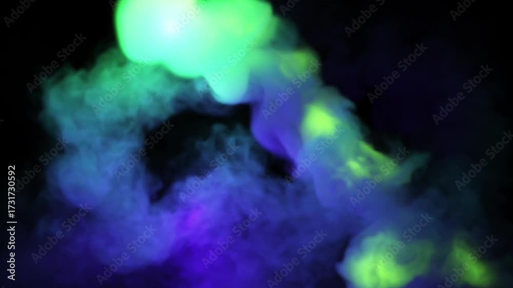 Abstract 3D animation. Dancing fire flame. Magical colorful bright neon smoke jet flies and floats over the black background, eventually disappearing. Fantastic morphing effect