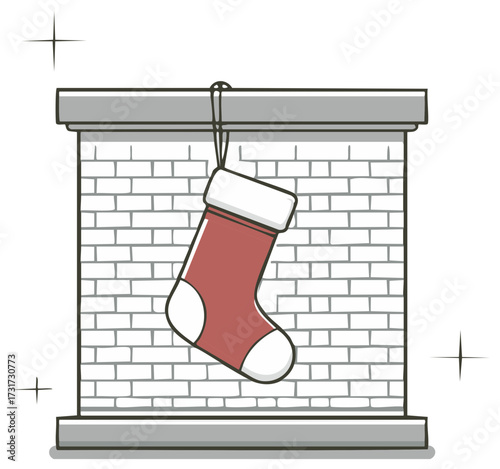 Christmas stocking hanging from fireplace, vector illustration.