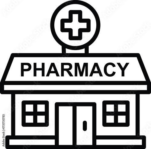 Simple black line art icon of a pharmacy building with a cross symbol drugstore