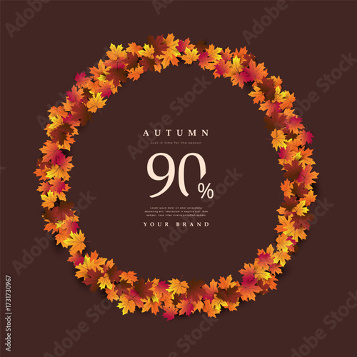 Autumn sale banner design with colorful maple leaves circle frame decoration and discount promotion on dark background perfect for seasonal advertising and marketing use