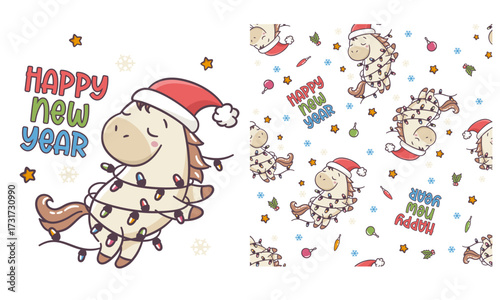 Vector set for printing on children's products. Seamless vector pattern. A cute pony wearing a Santa hat and wrapped in a garland, with a Happy New Year inscription. . Vector illustration