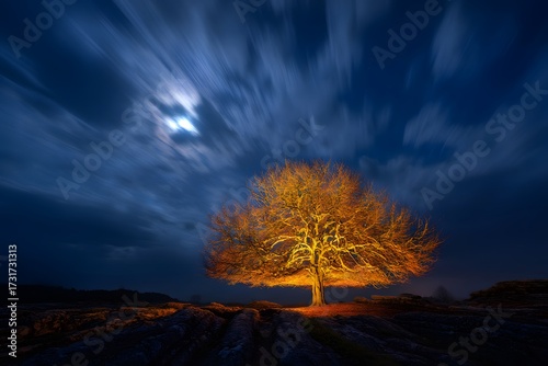 Illuminated tree under a cloudy night sky creating a surreal and mystical scene