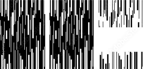 Abstract vertical black and white lines form a dynamic pattern, evoking a digital glitch or data stream, ideal for modern graphic design backgrounds and artistic concepts
