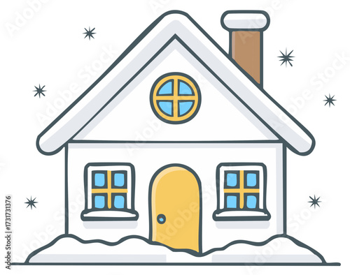 Charming Winter House Illustration Covered in Snow with a Chimney and Circular Window