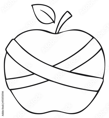 Line art illustration of a sick injured apple wrapped in a medical bandage for a healthcare concept