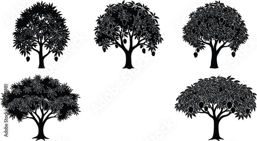 Mango tree silhouette illustrations, black foliage artwork, tropical plant design, botanical sketch, agricultural element, decorative nature outline, fruit tree drawing, landscape art