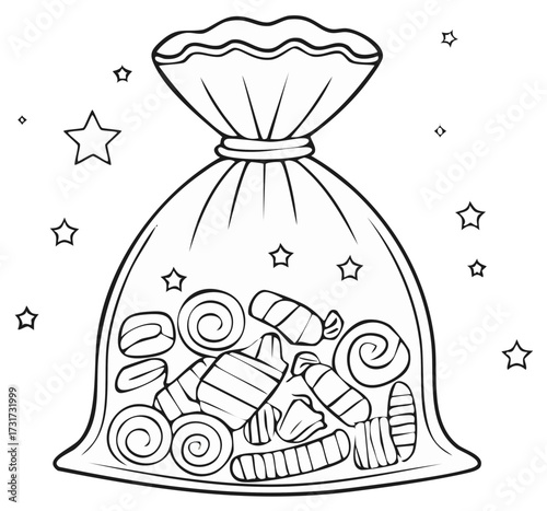 Black and white line drawing of a clear bag filled with various candies and small stars