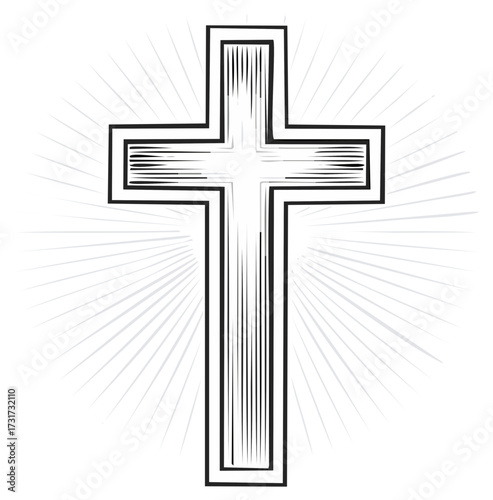 Black and white Christian cross with emanating light rays illustration