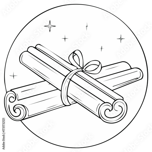 Hand drawn illustration of fragrant cinnamon sticks tied with a ribbon in circular frame