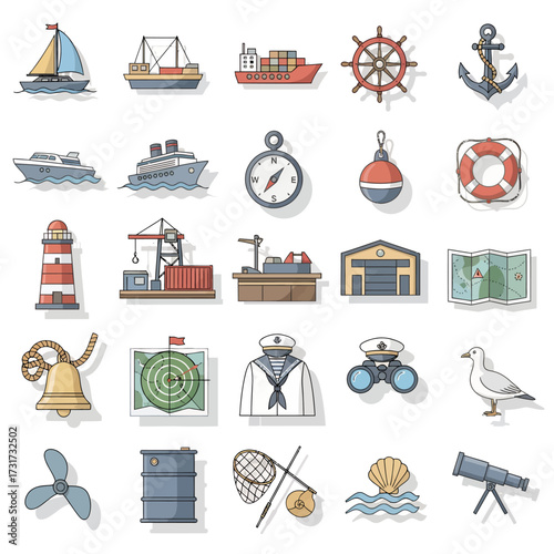 Discover a nautical adventure with this vibrant collection of maritime icons featuring ships, anchors, lighthouses, and sea essentials for your next project.
