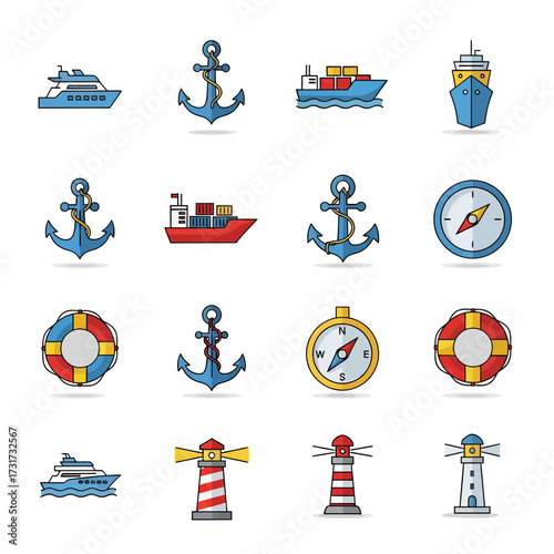 Discover the nautical world with charming icons of yachts, cargo ships, anchors, lighthouses, compasses, and life buoys, perfect for maritime projects.
