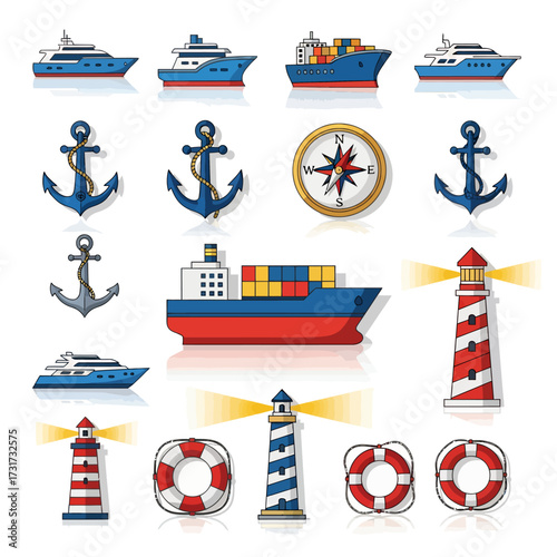 Explore the vast ocean with modern yachts, cargo ships, anchors, lighthouses, and compasses for all your maritime adventures.
