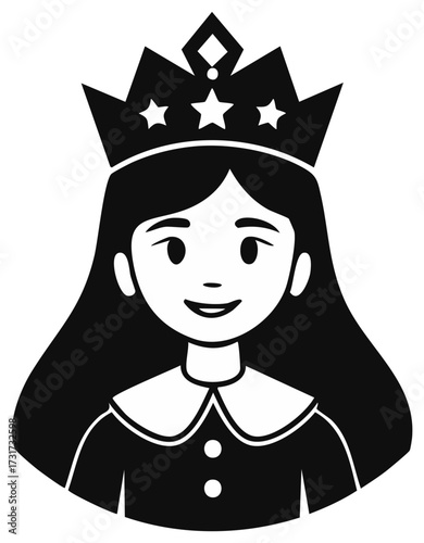 Enchanting Princess with Crown Stars Black and White Icon Cute Girl