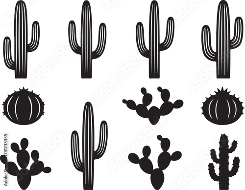 Desert Silhouette: A collection of striking, detailed silhouettes of various cacti, capturing the stark beauty and resilience of the arid landscape in a high-contrast image.