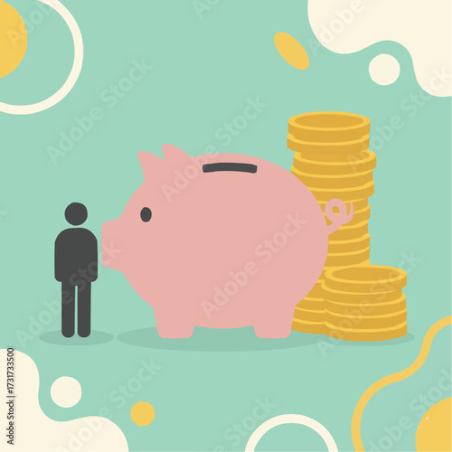 Flat minimalist vector art of a simplified character silhouette standing beside a giant piggy bank with a wide coin slot