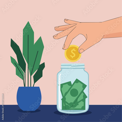 Contemporary flat vector design of a hand gently placing a golden coin into a glass jar filled with abstract green paper notes