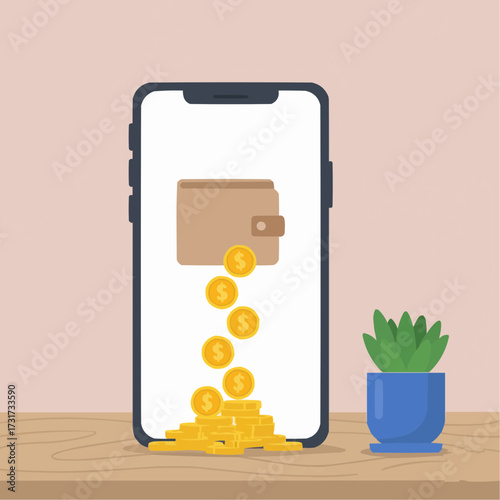 Minimalist flat vector design of a giant smartphone screen displaying a simple geometric wallet icon with golden coins spilling out onto a light oak tabletop