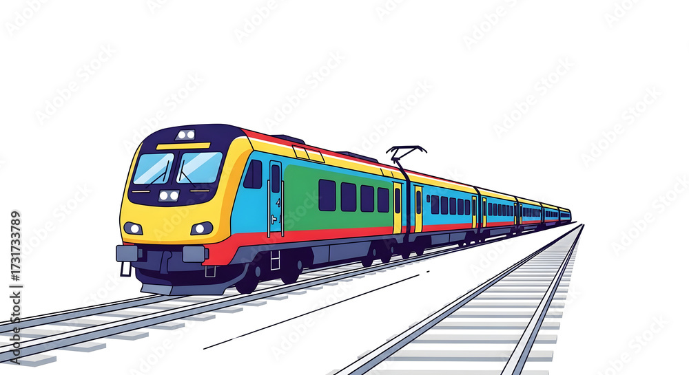 Fototapeta premium Colorful modern passenger train illustration on railway tracks.