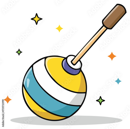 Cute cartoon illustration of a colorful classic striped spinning top toy with sparkles